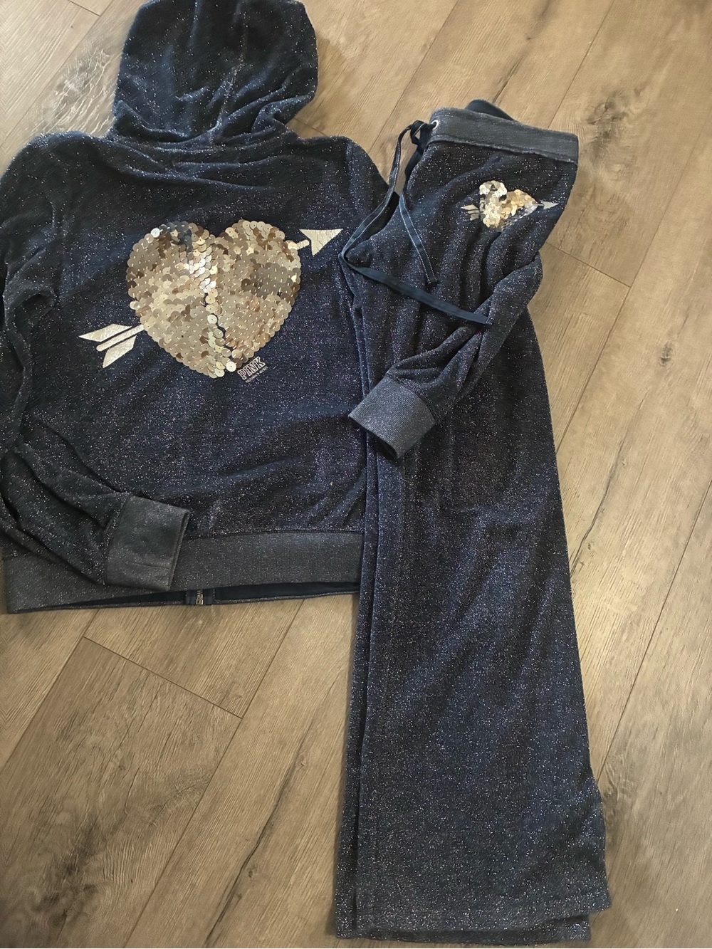 💫RARE Victoria Secret PINK BLING Dark Navy Metallic Campus Tracksuit Y2K